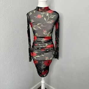 Madrag Black Floral Mesh Mock Neck Ruched Bodycon Mini Dress Long Sleeve